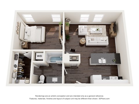Floor plan for 1 bed, 1 bath, 676 sqft